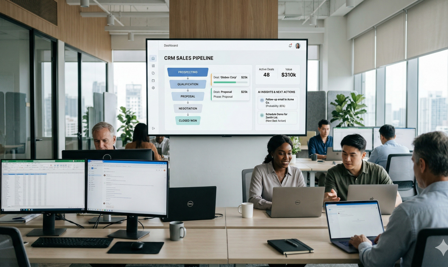 There is a sales dashboard which has AI crm features and next steps